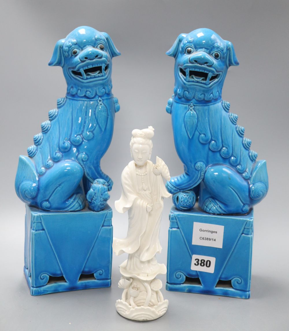 A pair of Chinese turquoise glazed temple dogs, height 36cm and a blanc de chine Kwan Yin